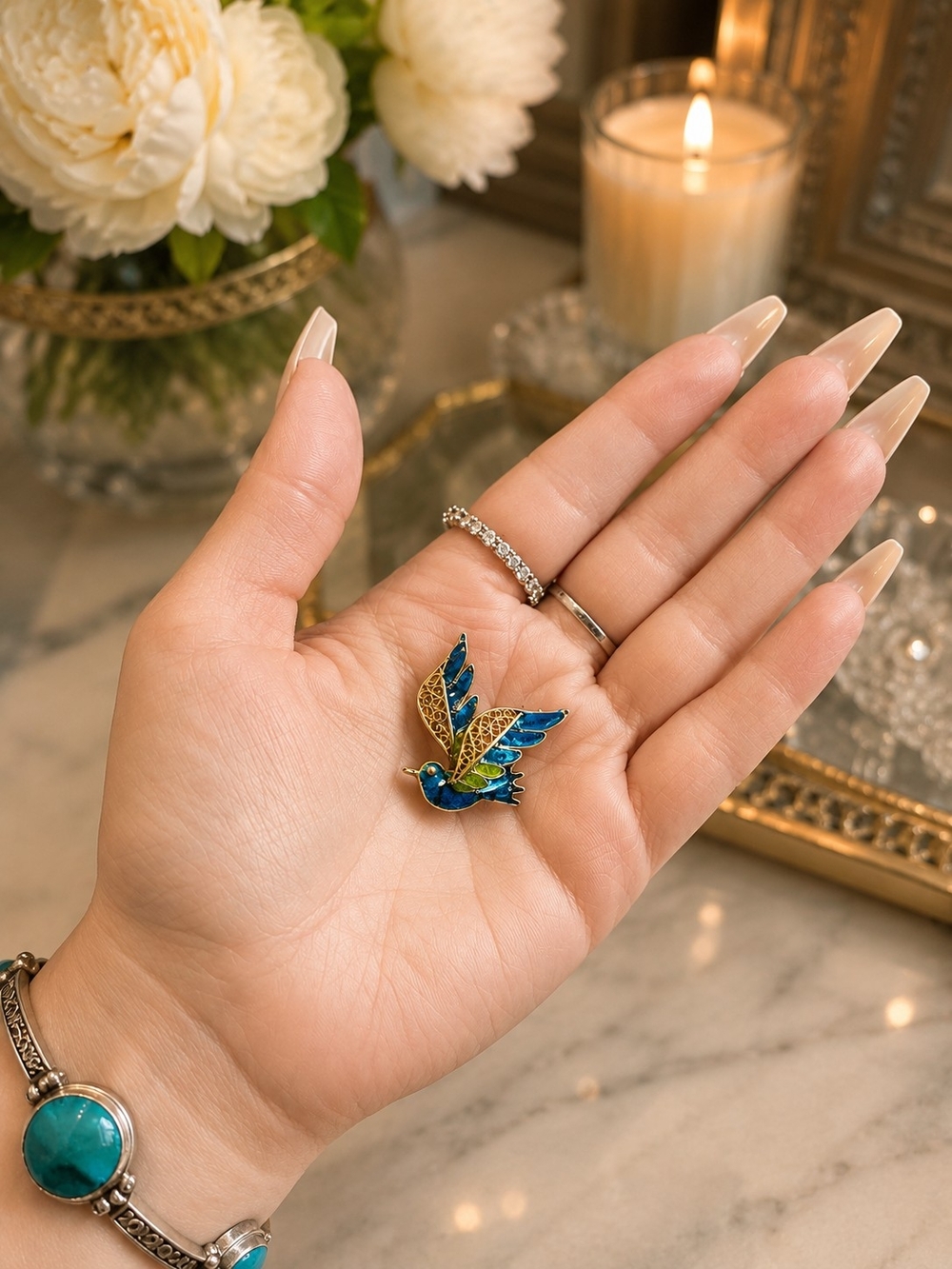 Vintage 925 Sterling Silver Blue Enamel Hummingbird Brooch Pin Filigree
